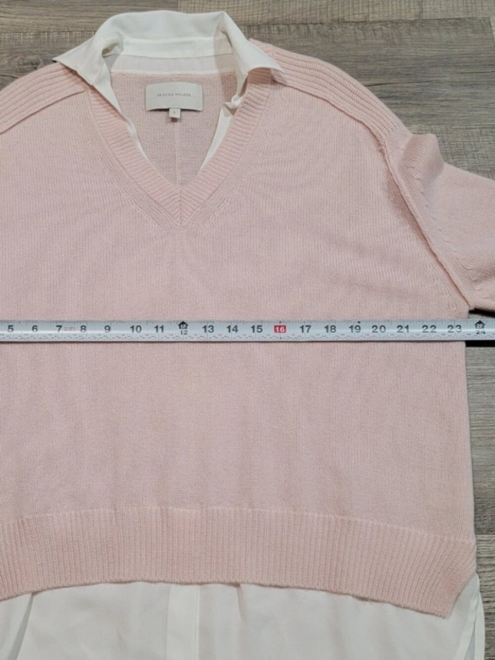Brochu Walker The Looker Wool Cashmere V Neck Layered Sweater Baby Pink Large - Picture 8 of 8